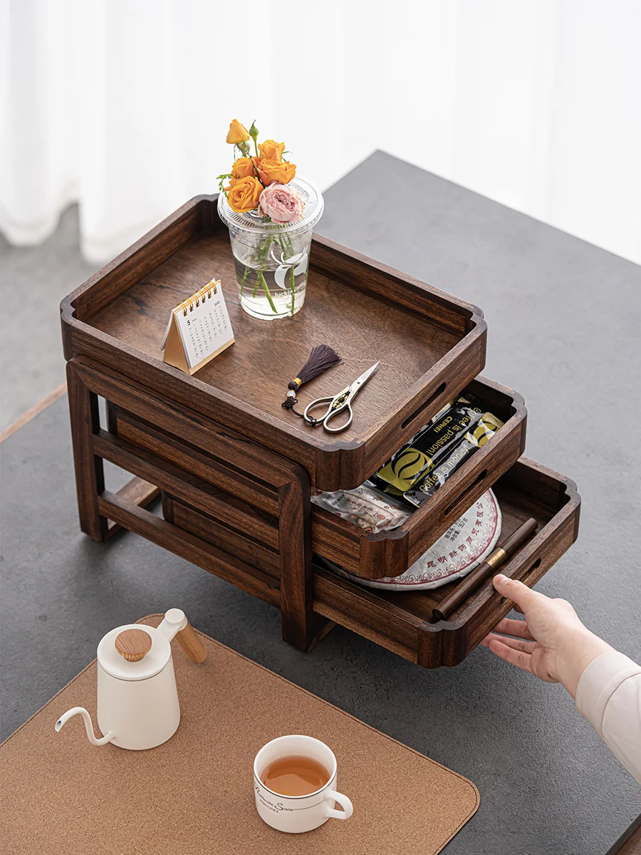 Sichuan Walnut Desktop Storage Box Office Multi-layer shelf Japanese-style household solid wood tray tea tray