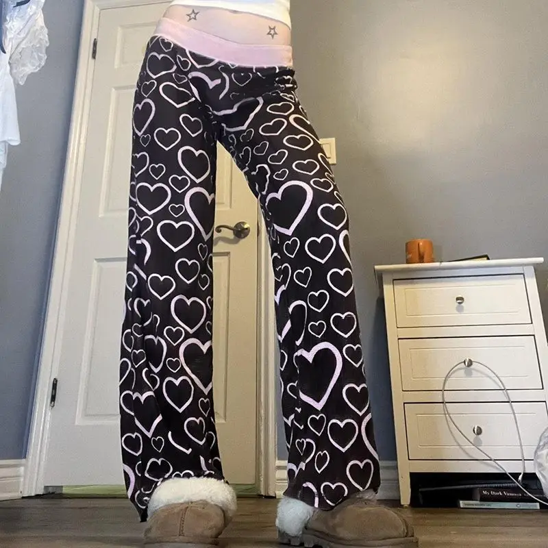 Contrasting-color Heart-print Loose Slimming Low-rise Girl's Pants for Autumn
