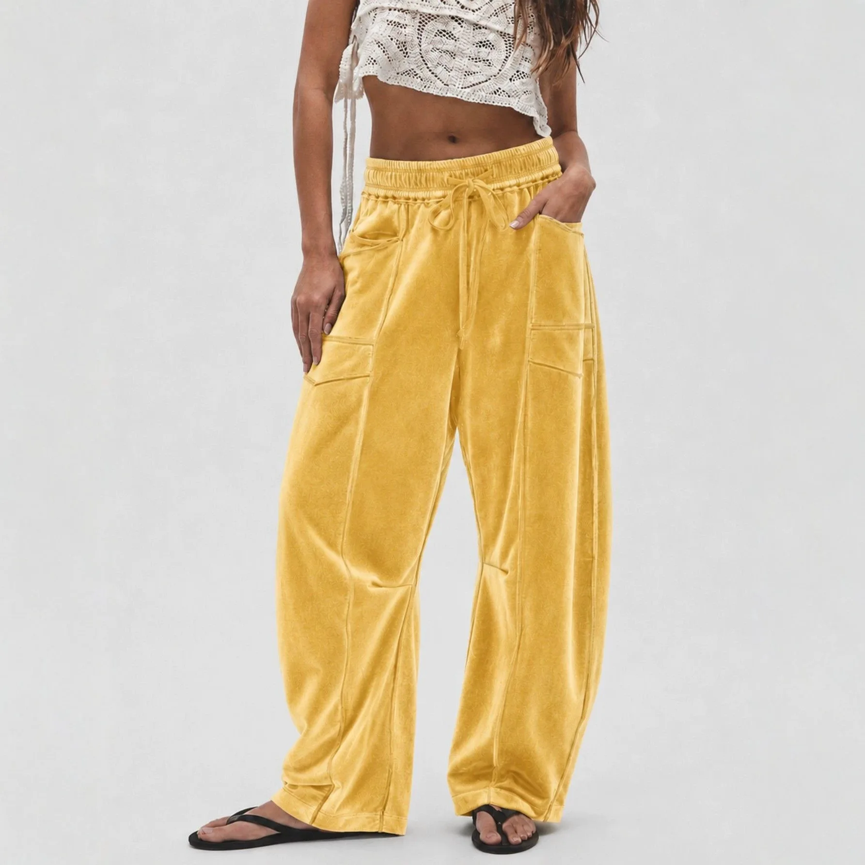 Autumn New Patchwork Design Velvet Pants French Casual Fashion Loose Multi Pocket Solid Color Versatile Women Simple Trousers