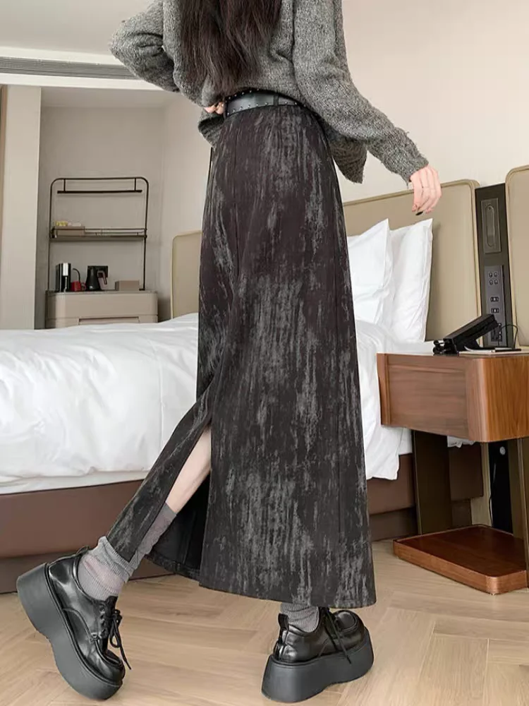 Gonna tubino in velluto tie-dye con gonne midi a trapezio a vita alta con spacco alto per donna, elegante gonna aderente autunno inverno