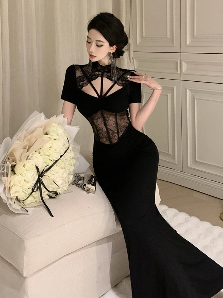 Elegante Spitze Getäfelten Ausschnitt Ohne Knochen Schwarz Bodycone Abendkleid Sexy Luxus Shheer Geraffte Kleid frauen Party Prom Vestidos Kleid