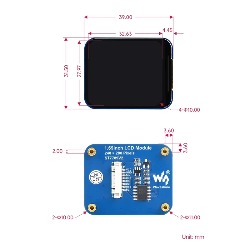 Arduino用LCDディスプレイモジュール,240 × 280 spiインターフェイス,262kカラー,esp32,滝ゼロ,st7789v2,1.69インチ