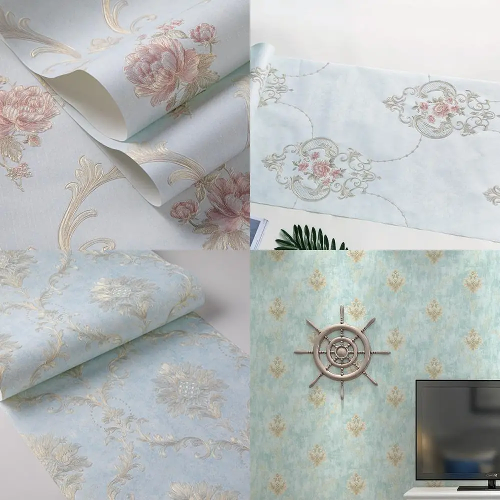 

Light Blue 3D European Large Flower Embossed Wallpaper for Bedroom Living Room Hotel Export Luxury Relief Background Wall Paper