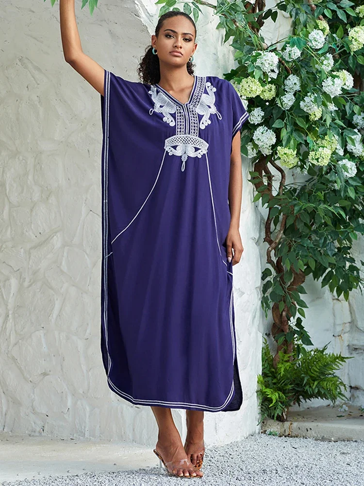 

New Caftans For Women Plus size Summer Boho Dress Batwing Sleeve Swimsuit Cover Up Loose Embroidery Rayon Robe Plage Beachwear