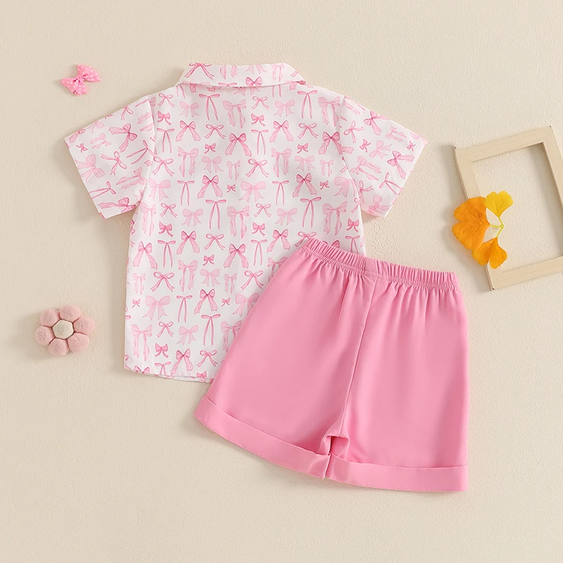 Children s Boys Valentine s Day Attire with Bow Print Turn Down Collar Short Sleeve Shirt and Elastic Waist Shorts - 2 Piece