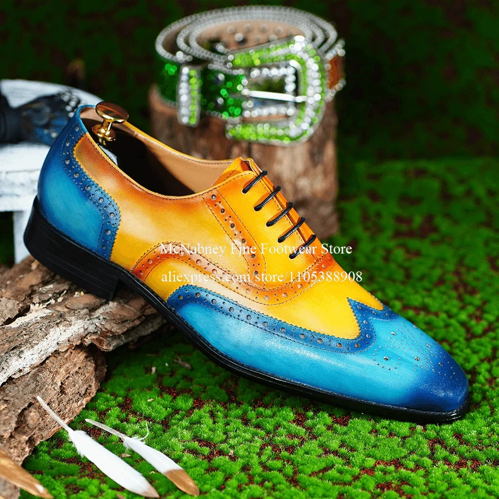 

Luxury Two-Tone Leather Wingtip Brogue Men Oxford Dress Shoes Lace up Formal Business Wedding Office Party Gentleman Style Shoes