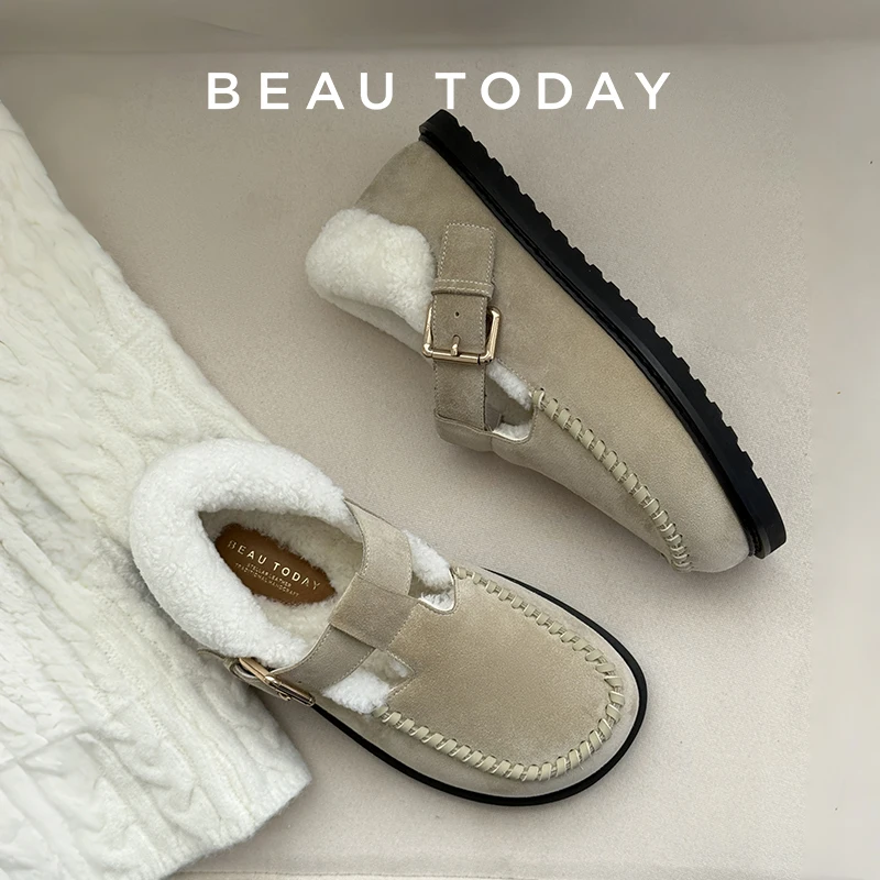 BEAUTODAY Casualowe Baleriny Damskie Skóra Zamszowa z Podszewką z Wełny Zapinane na Klamrę Plecione Okrągłe Palce Ciepłe Damskie Buty Ręcznie Robione 22824