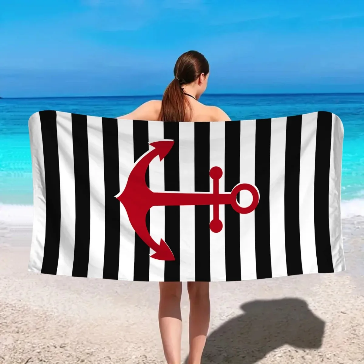 

Red Anchor Beach Towel 2D Flat Printed Peach Skin Bath Towel Summer Black White Striped Ocean Style Travel Pool Towel
