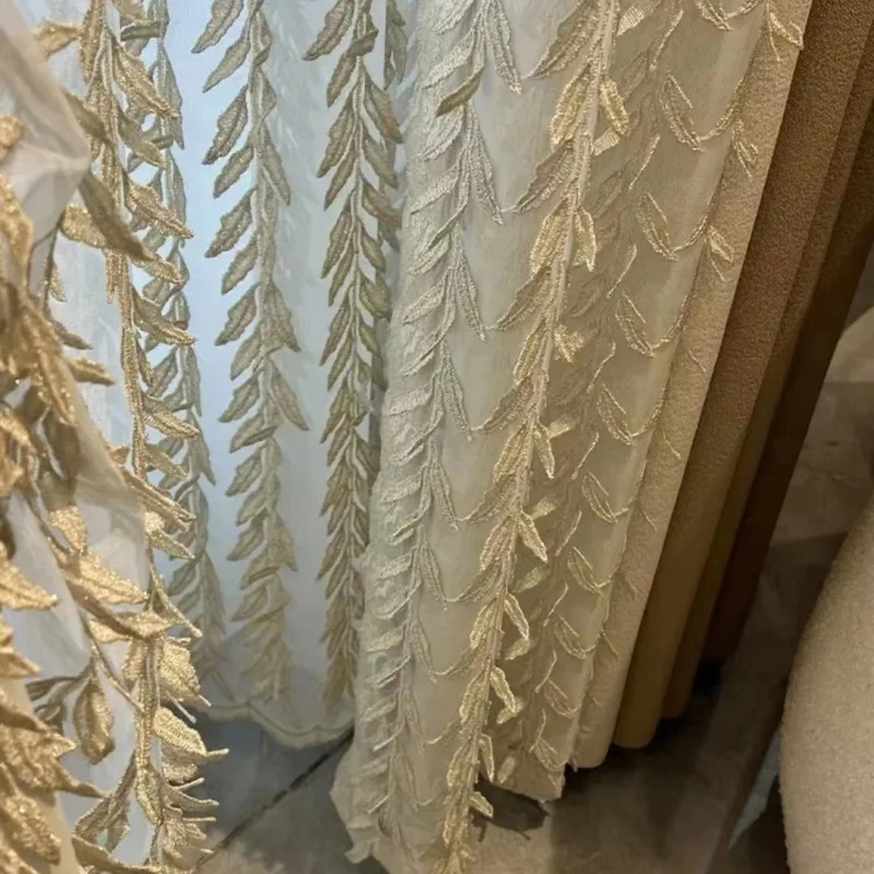 Custom. New French Style 2023 Embroidered Lace Gray Milk Tea Color Light Luxury High-end Simple Translucent Living Room Dou