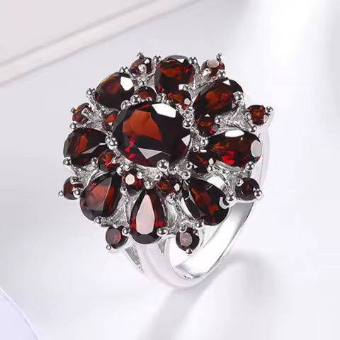 Hot Sale Classic Silver Color Inlaid Garnet Red Zircon Flower Shape Ladies Banquet Ring Jewelry Whole Sale