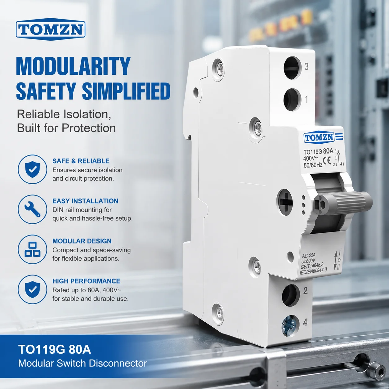 TOMZN TO419G MTS Dual Power Manual Transfer Switch 1P2P3P4P 400V 80A Changeover Isolating Interlock DisconnectableCircuitBreaker