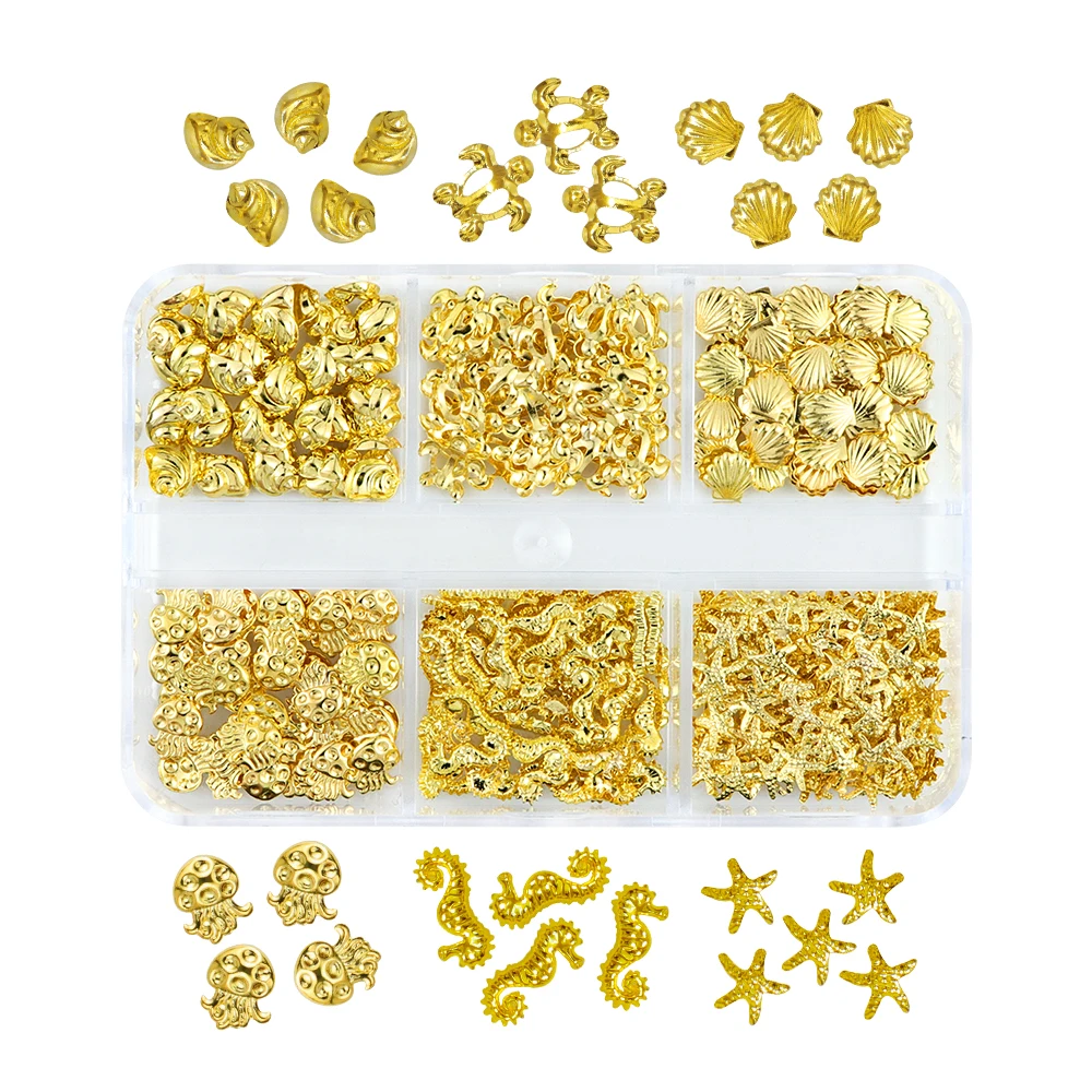 300 Pcs/Box Metal Rivets Nails Accessories Gold Starfish Conch Nail Charms Summer Ocean Style Nail Art Supplies And Decorations