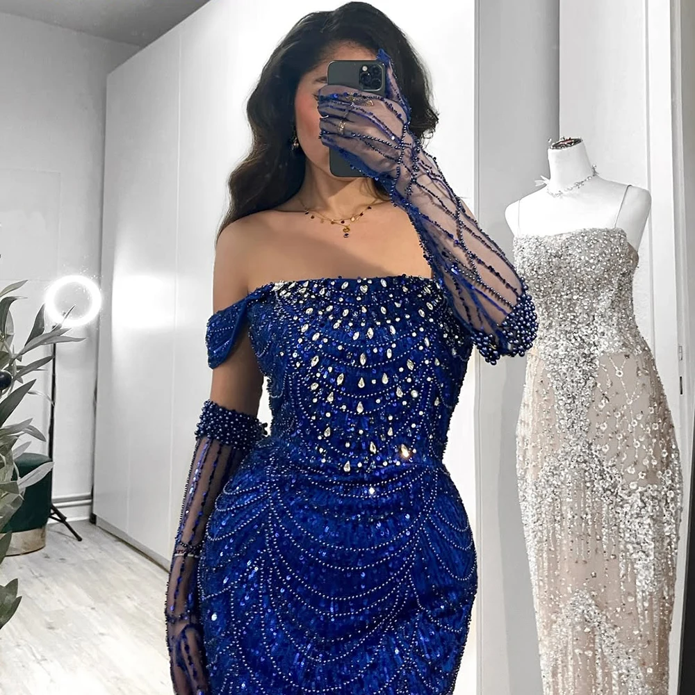 Elegant Beads Mermaid Evening Dress for Women 2025 Luxury Arabic Pearls with Gloves Formal Prom Wedding Party Gowns Customized image 2