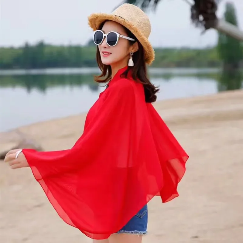 

2024 Summer Women Cycling Driving Sleeve UV Proof Korean Chiffon Sunscreen Sunshade Lady Shawl Cloak Poncho Capes Red