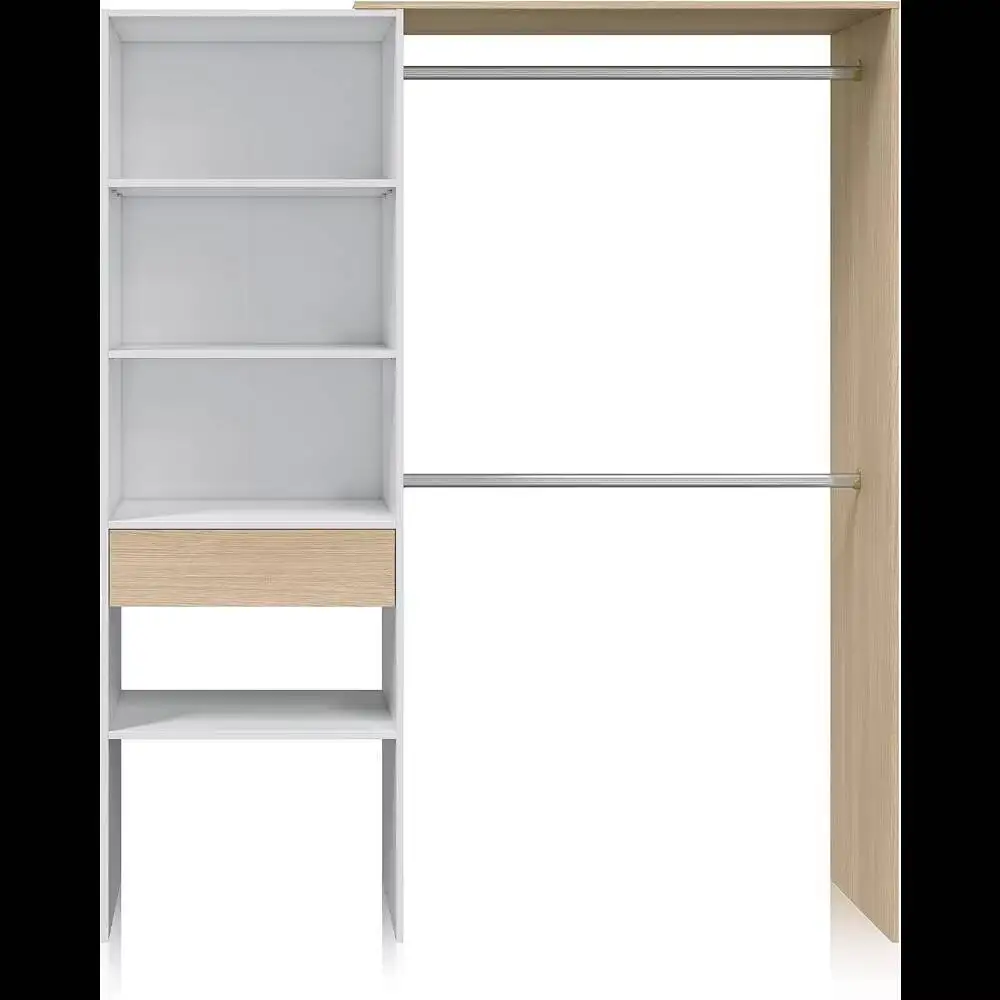 Armario 2 Barras, 4 Baldas e 1 Cajón, Vestidor Reversível, Acabado en Blanco Artik y Roble