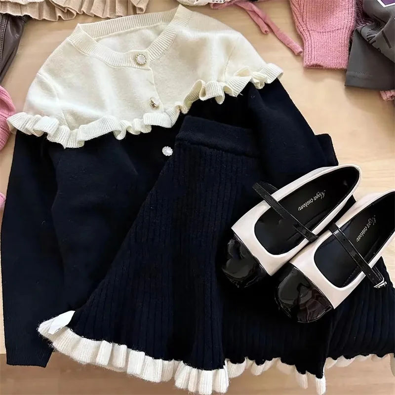 Girls Coat +Skirts Kids Suits 2PCS/Set 2024 Knitting Spring Autumn Cotton Teenagers School Uniforms Cotton Children Clothing