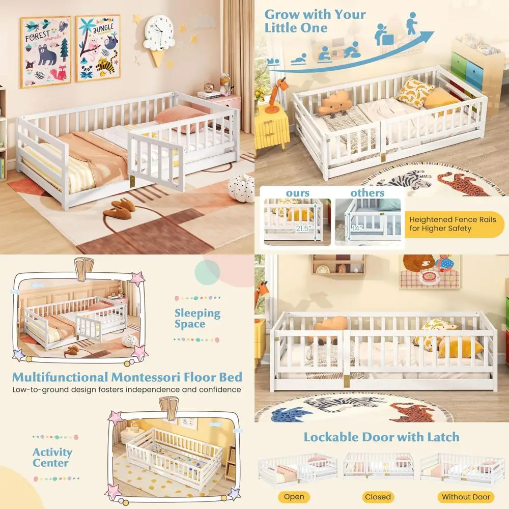 Cama de piso doble estilo Montessori con rieles de seguridad elevados y construcción de madera maciza