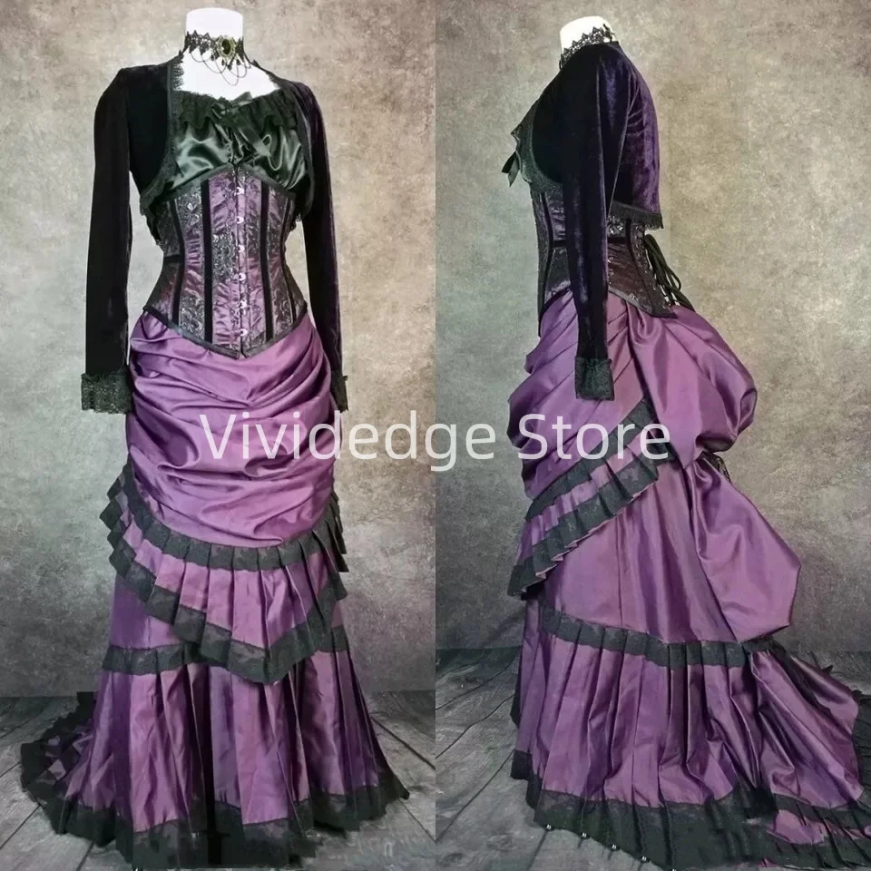 Customized Victorian Gothic Wedding Dresses Black Purple Long Sleeves Satin Bridal Gowns vestidos de novia de talla grande