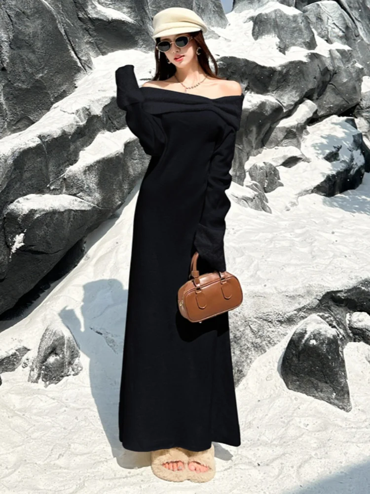 SMTHMA Sexy Slash Neck Super Style Sweater Knitted Dress Women's New Autumn Winter Elegant  Slim Soft Long Dresses Vestidos