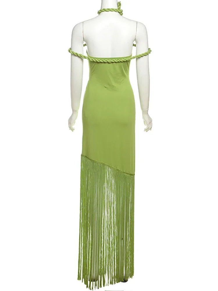 Vestidos largos con flecos y cuello Halter para mujer, elegantes detalles de borlas, Vestidos de fiesta verdes, Vestidos de noche, novedad de 2025