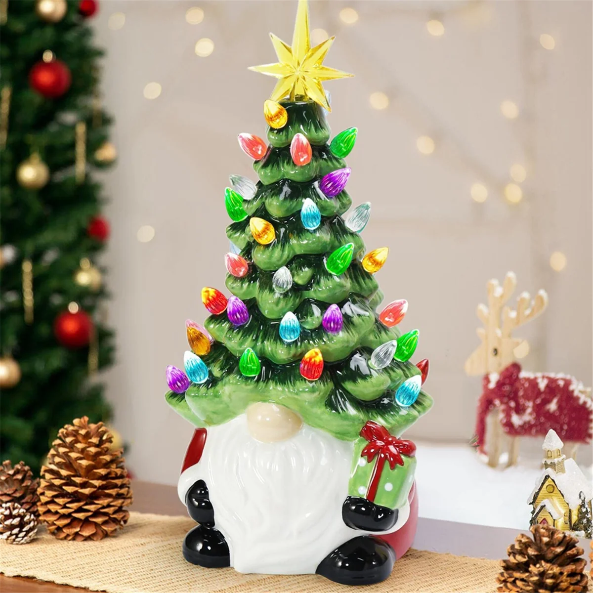 Christmas Decorations - 6.2Inch Lighted Up Gnomes Christmas Tree with Multicolored Lights Small Mini Holiday Decor