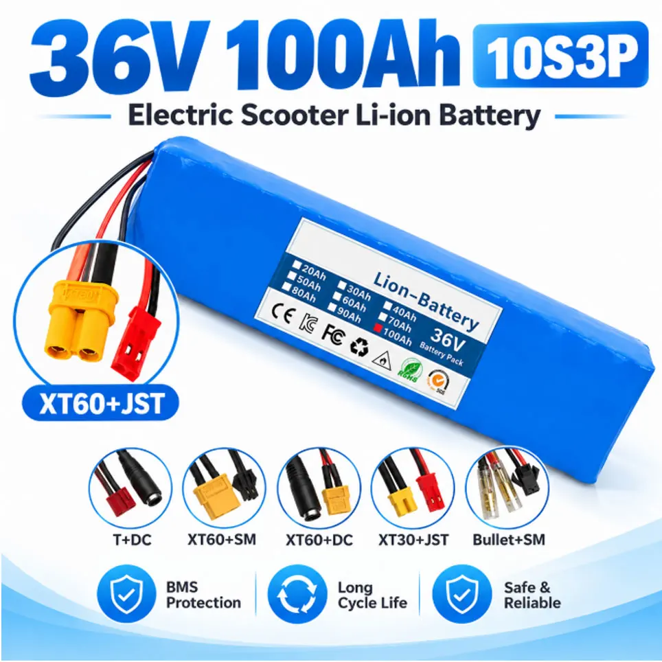 36V Elektroroller-Akku 10S3P 100Ah 18650 Grade-A-Zellen 500W-1000W Eingebautes BMS XT60 JST Lange Reichweite Sicher & Langlebig