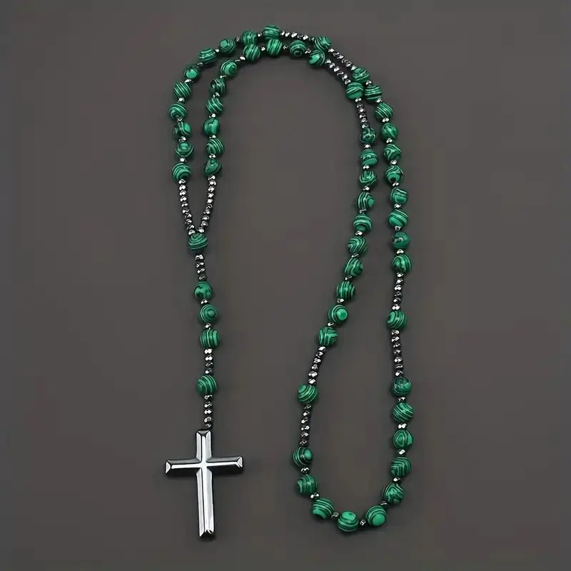 1pc Fashion Retro Style Jewelry, Natural Stone Round Beads Malachite Hematite Cross Religious Rosary Beads Men's Long For Daily