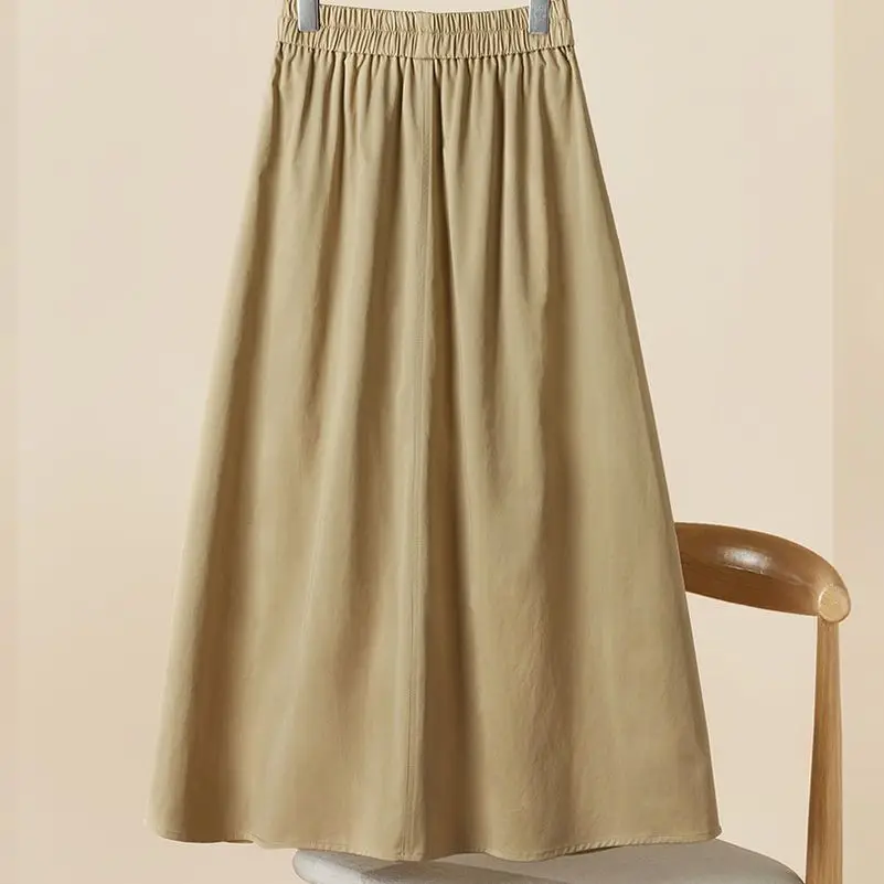 

Loose Midi Skirt Women's Summer Faion Elastic Waist Workwear Sle with Big kets A-Line Skirt for Ladies