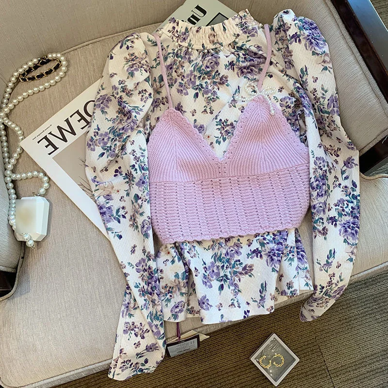 Floral shirt knitted suspender two piece set women's 2022 early spring new sweet aging foreign style small fragrance top