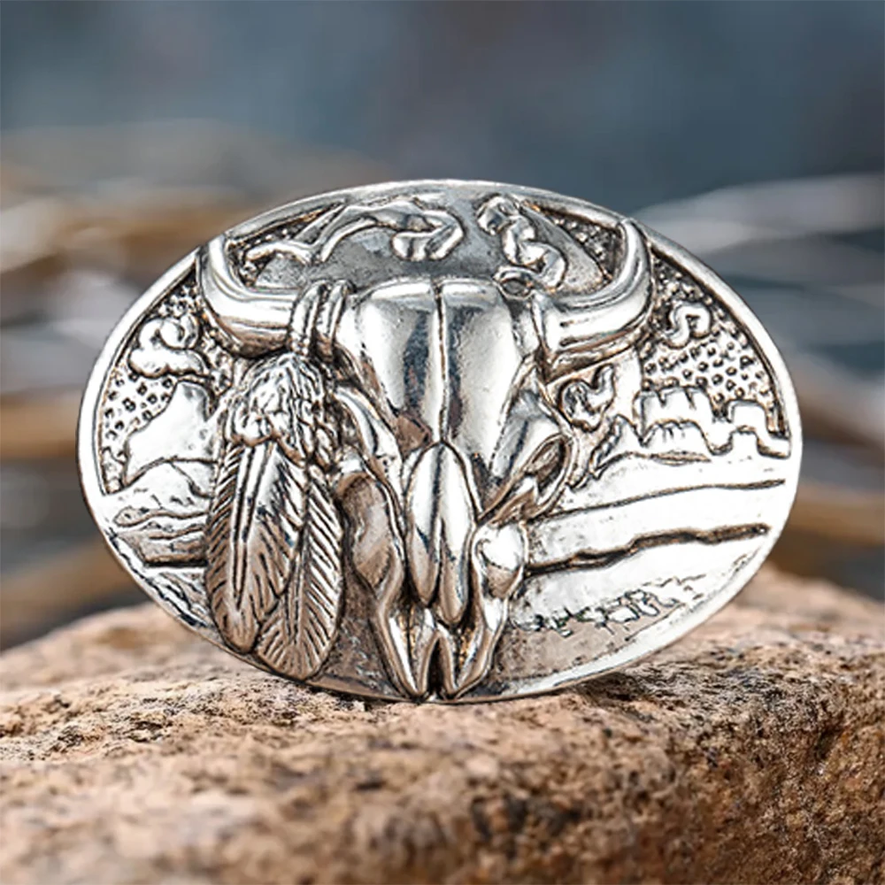 1 fibbia western con testa di bue in piuma tridimensionale, fibbia per cintura da uomo con personalità della moda