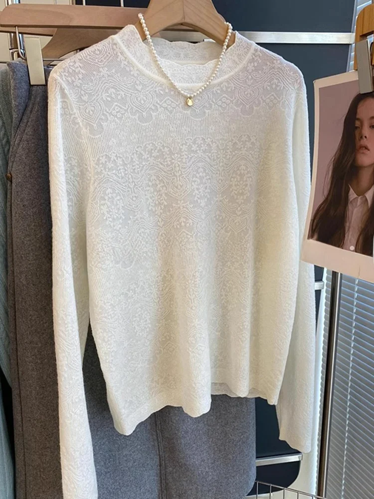 Faionable anti-aging kant borduurwerk overhead wollen basis irt winter comfortabele afslankende lange Sve gebreide top
