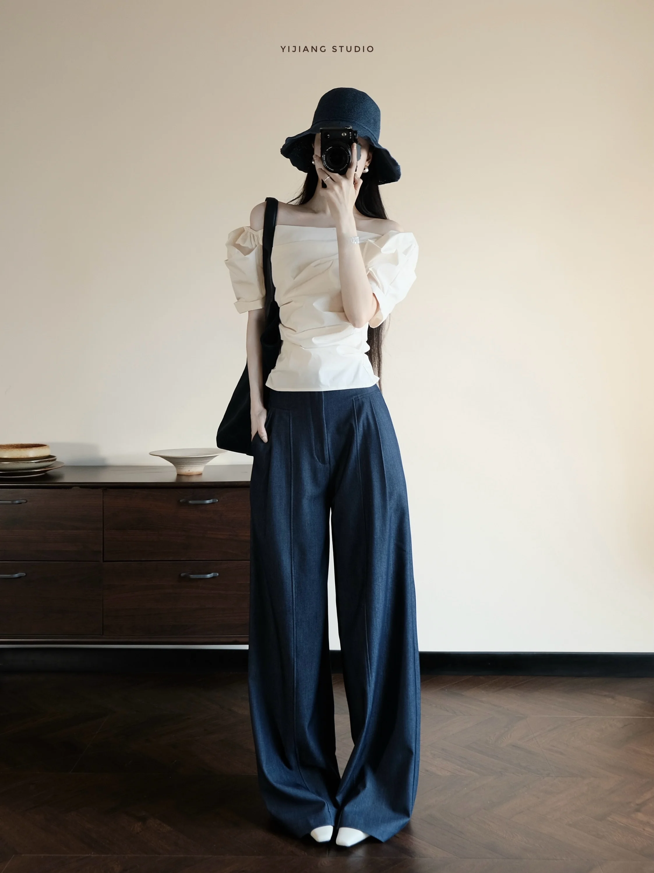 

Blue High Waist Wide Leg Pants Women's Summer Elastic Long Commute Casual Straight Tube Trousers Sli Slimming Effect