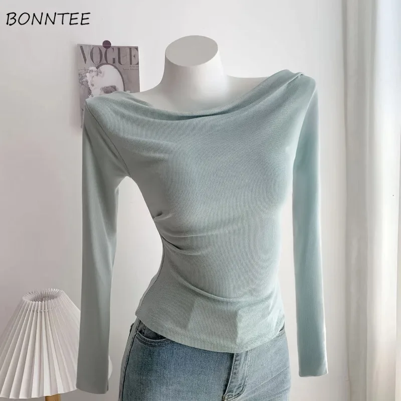 Slash Neck Blouses Women Off Shoulder Long-sleeves Hot Pleated Solid Simple Office Ladies Slim Korean-style Elegant Trendy Soft