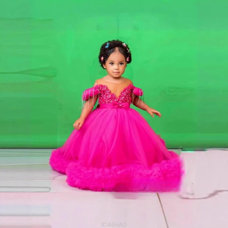 

Party Dress 2025 Rose Red Flower Girl Short Sleeve Princess Gown Kids Birthday Dance Recital Host Outfit Summer Pageant Formal
