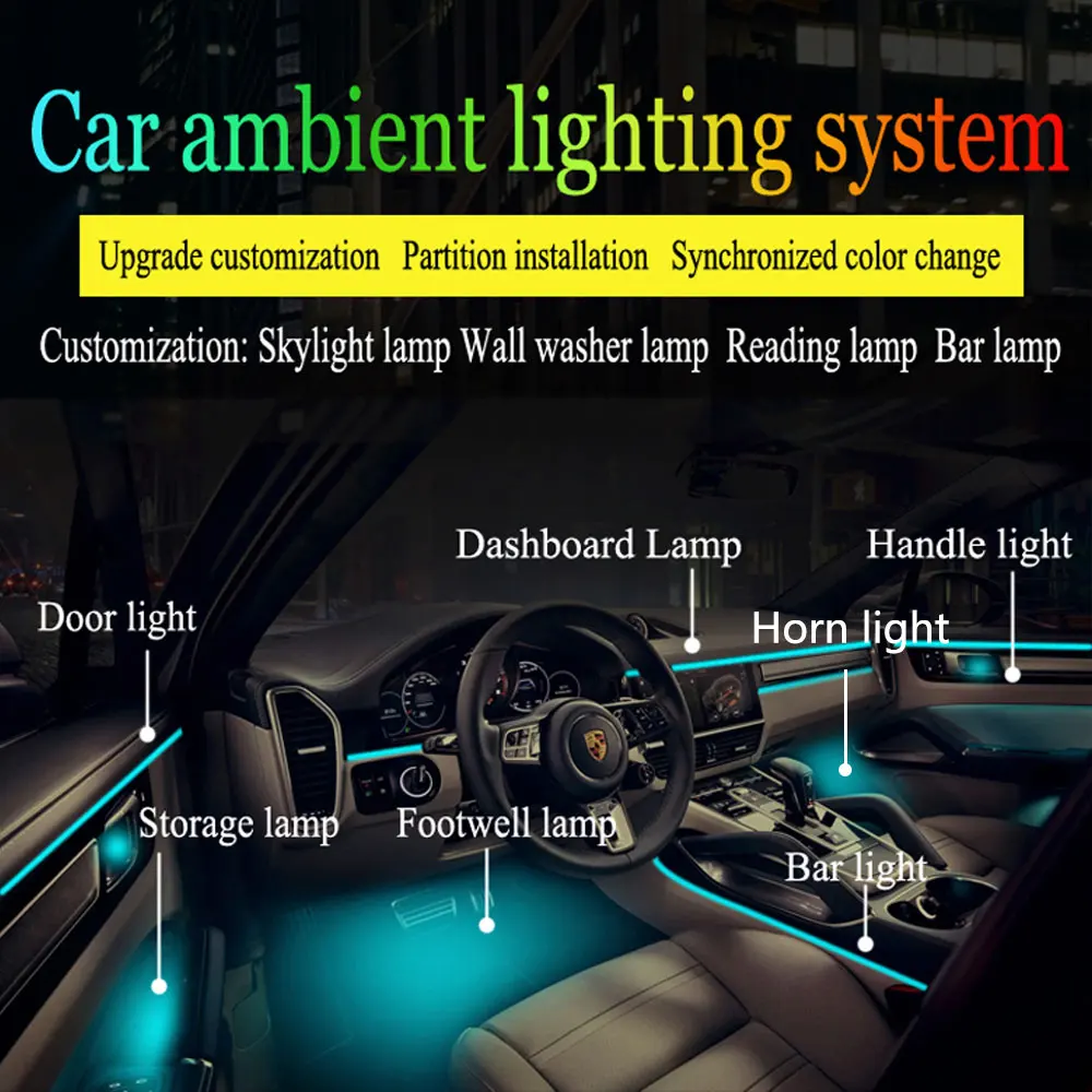 18in1 Full Color Symphony Car Ambient Light Interior Acrylic Guide LED Strip Light Decoration Atmosphere Lamp ByAPP Control 6in1