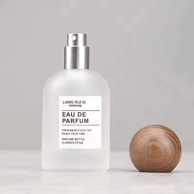60pcs 30ml 50ml Empty Frosted Glass Perfume Bottle With ound Ball Walnut Beech Wooden Lid Portable Travel Fragrance Dispenser