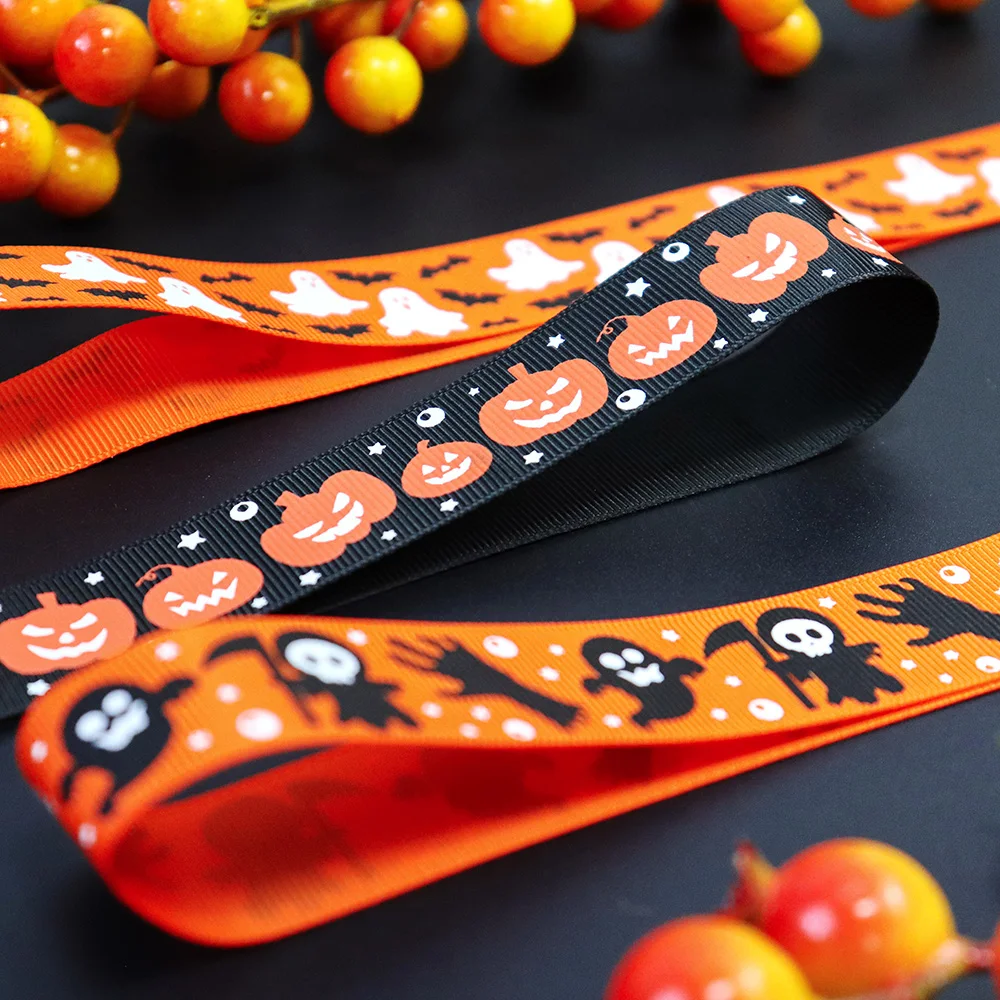 25mm 38mm Glow In The Dark Halloween Spider Web Bat Ghost Pumpkin Printed Grosgrain Ribbons For Hair Bows DIY Handmade Materials