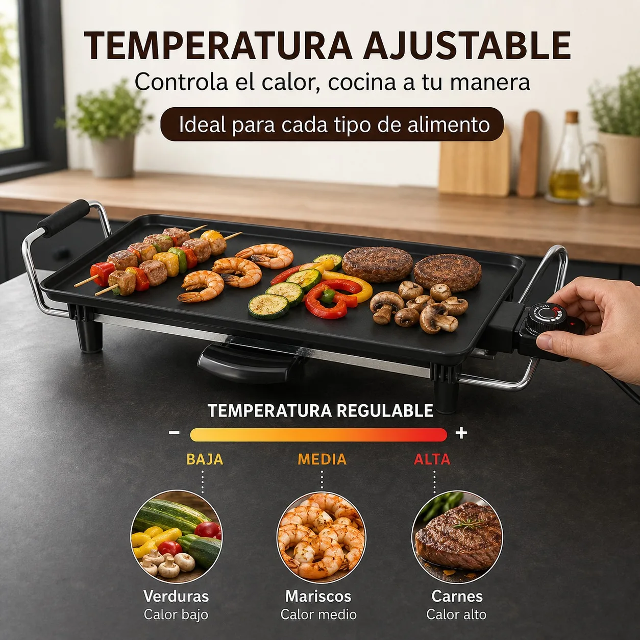 Plancha Eléctrica de Mesa 2000W con Superficie Antiadherente de 52x23cm, Temperatura Ajustable y Asas de Toque Frío para Barbacoa sin Humo en Interiores
