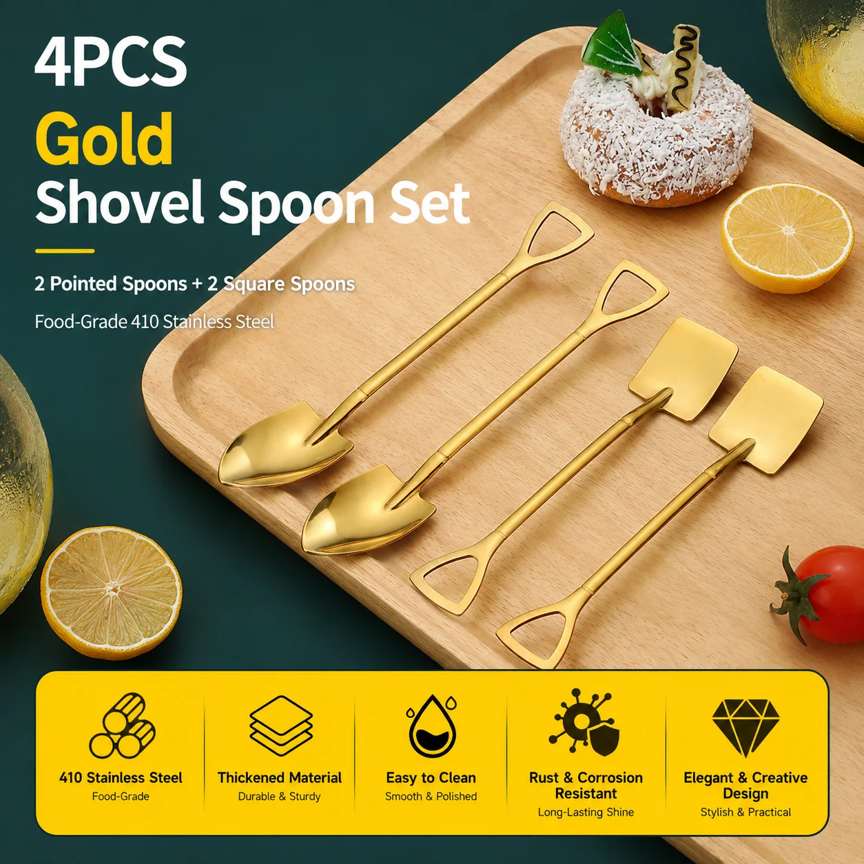 Meltset M Aesthetic Mini Shovel Spoon Set 4Pcs Gold Stainless Steel 410 Dessert Ice Cream Fruit Cake Scoop Creative Flatware
