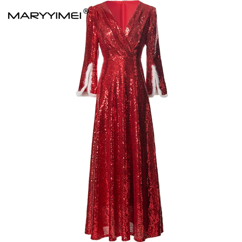 

MARYYIMEI Autumn and Winter Women's Dress Three Quarter Sleeve Sexy V-Neck High waist Sequins Luxury Party evening Dresses