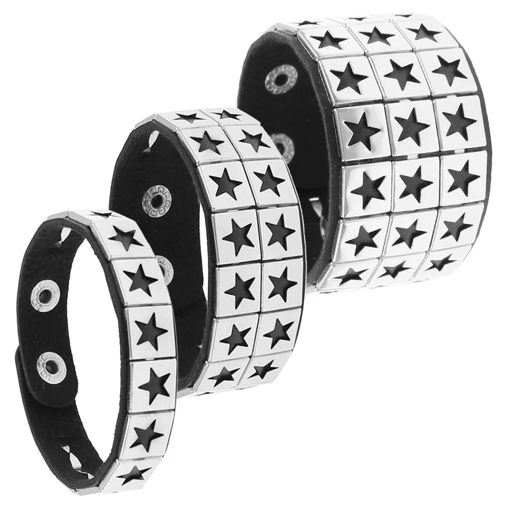 European and American Fashion Punk Street Photography Nightclub Pentagram Square Rivet Bracelet Ins Couple PU Leather Bangle