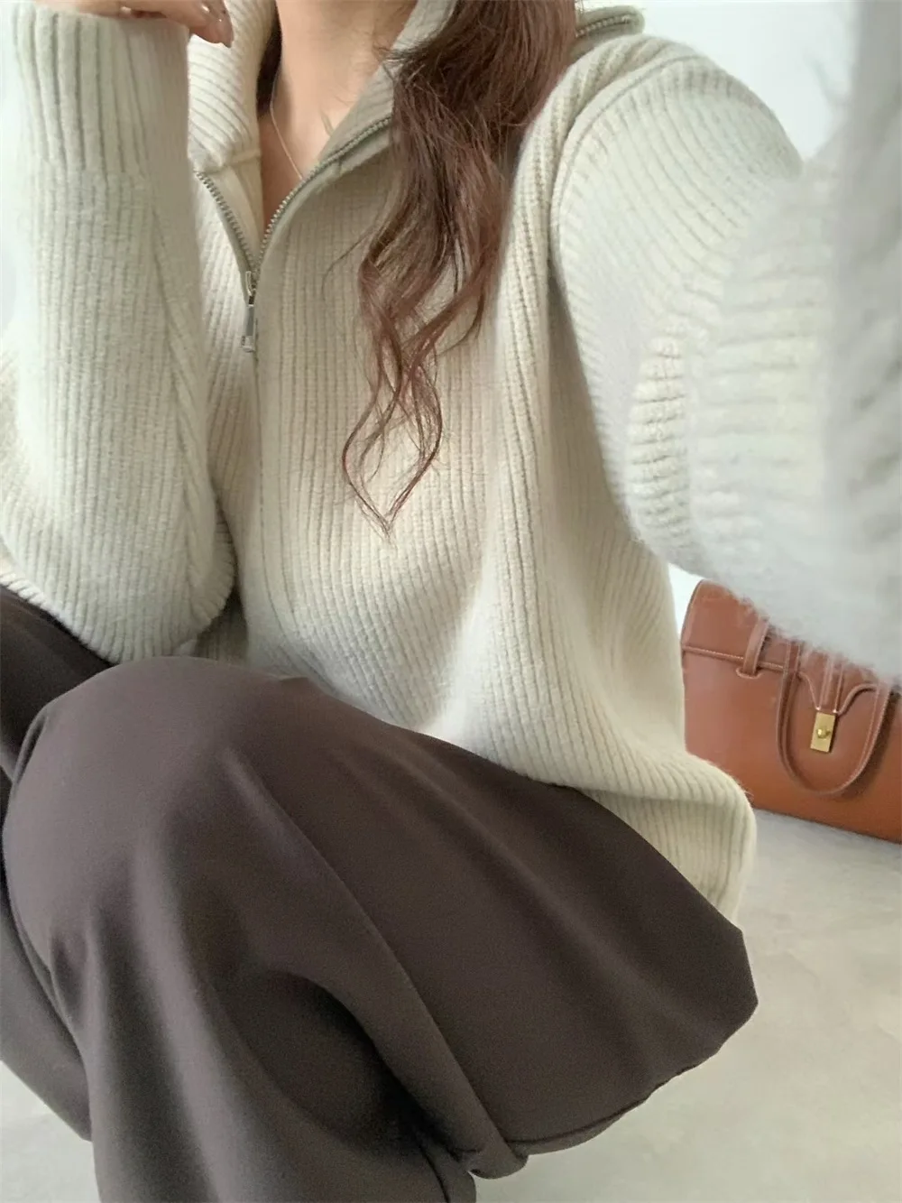 2025 Korean lazy style double zipper knitted cardigan jacket for women's autumn and winter solid color loose sweater women's top