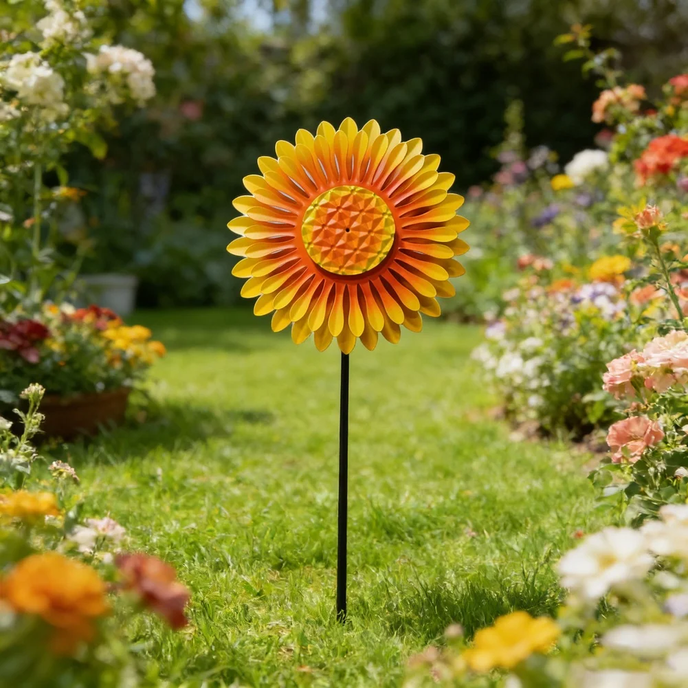 Iron Sunflower Wind Spinner Double Wheel Rotating Garden Stake Outdoor Yard Art Decor Metal Flower-Windmill For Lawn Patio