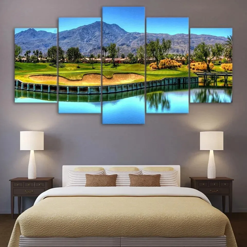 No Framed 5 Piece Mountain Golf Course Scenic Landscape Trees Painting Wall Art Print Home Decor HD Pictures Room Decoration