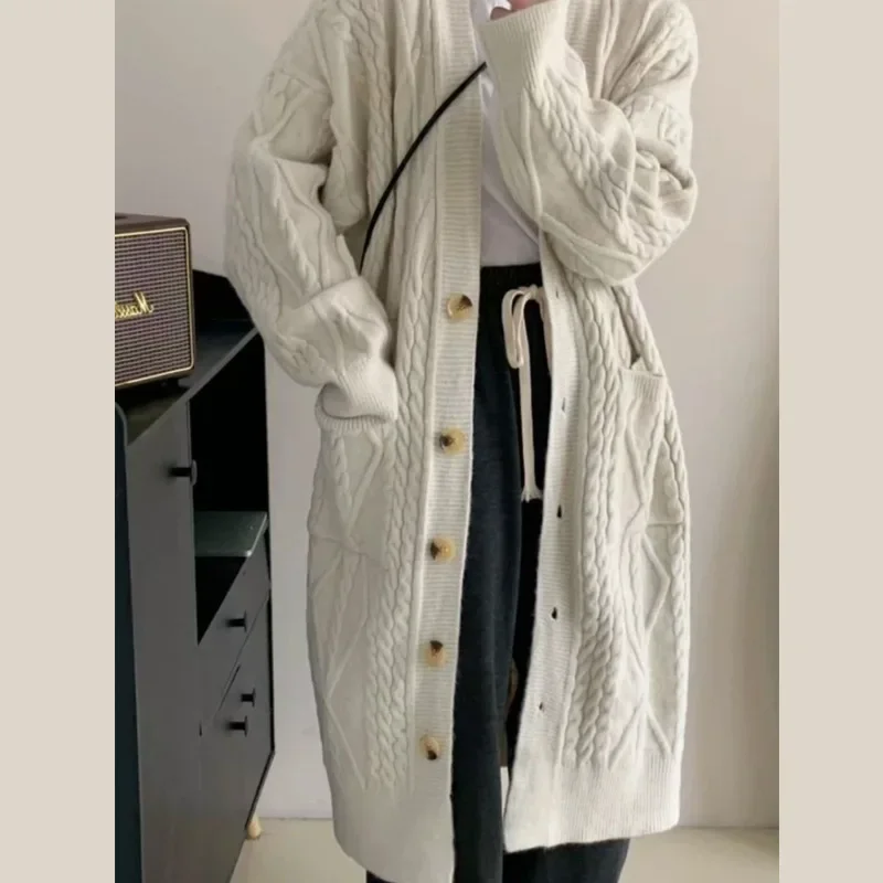 

Women White Khaki Thickened Warm Sweater Coat Loose Single-breasted Cardigan Coat Knit Office Sweater For Women Fall Winter