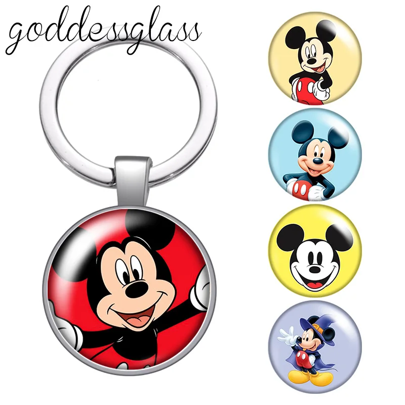 Disney Cartoon Mickey Cute Gift Photo glass cabochon keychain Bag Car key chain Ring Holder Charms keychains gift