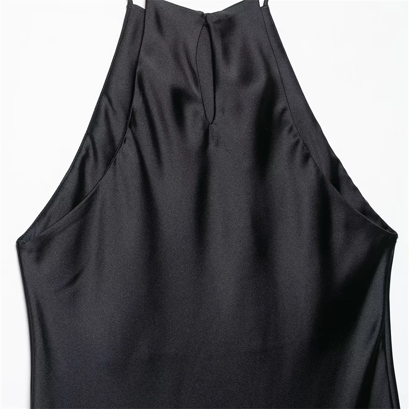 KEYANKETIAN 2025 nouvelles femmes soie Satin texturé Spaghetti sangle licou robe mode simplement mince noir une ligne robes MIDI