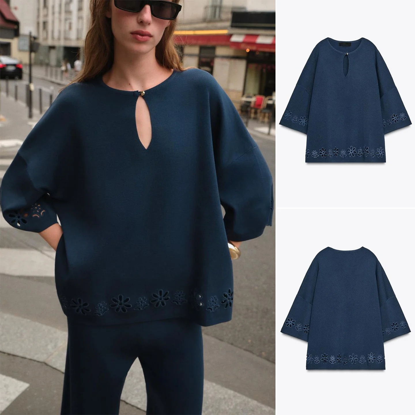 

Новый осенний женский простой дизайн с вышивкой и V-образным вырезом, вязаный топ све длиной Seven из полиэфирного волокна Street Sle