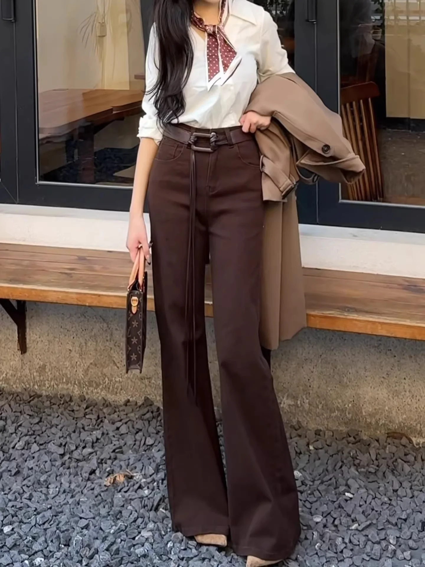 

Extended Size High Waist Bell Bottom Jeans Women's Long Length Casual Loose Fit Slimming Non-Matching Legging Pants