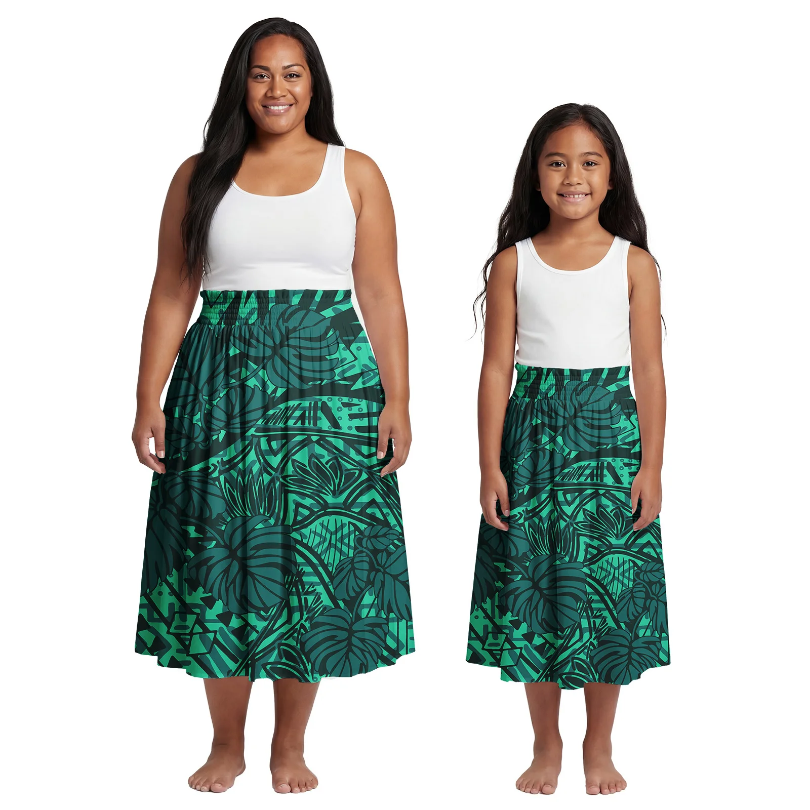 Floral Print Custom Logo Polynesian Mother-Daughter Outfits Samoan Casual Family Set Elegant Women Girls Pleated Skirts Hawaiian